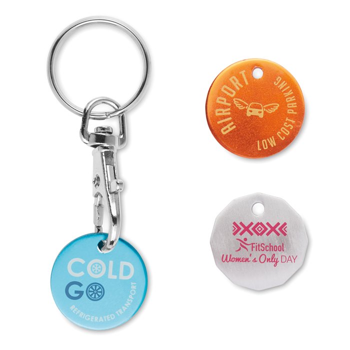MK4011 - Colourful aluminium trolley tokens with your design printed or engraved