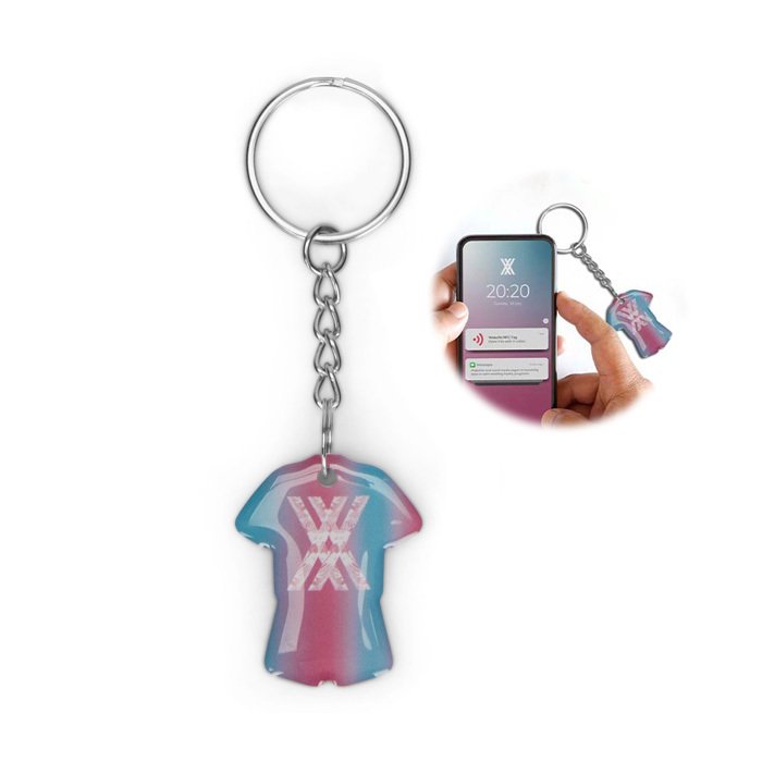 MK5004 - Custom shape Pre-programmed NFC keyring with doming.