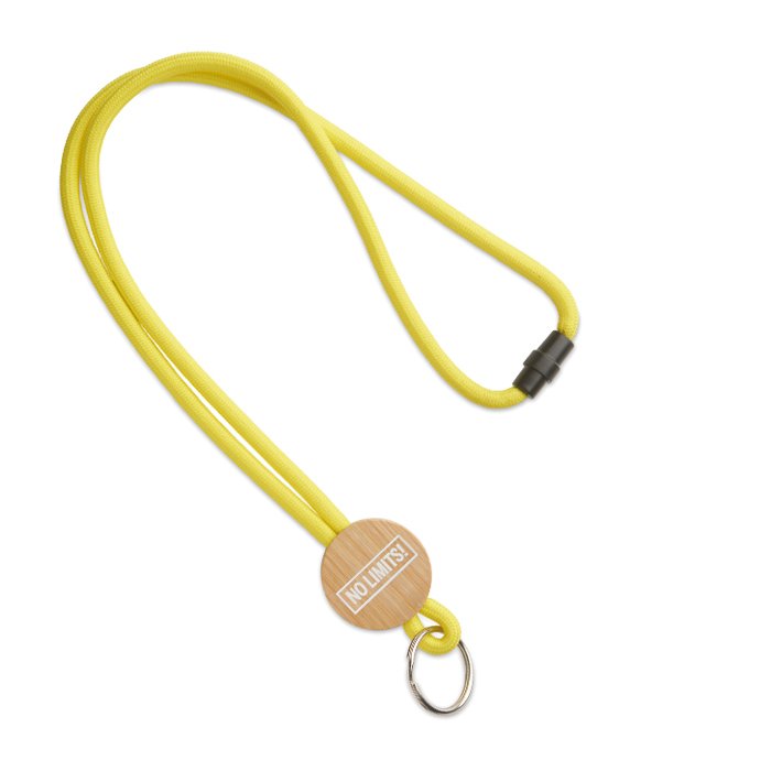ML1074 - Polyester cord lanyard with a printed or engraved round shape bamboo plate