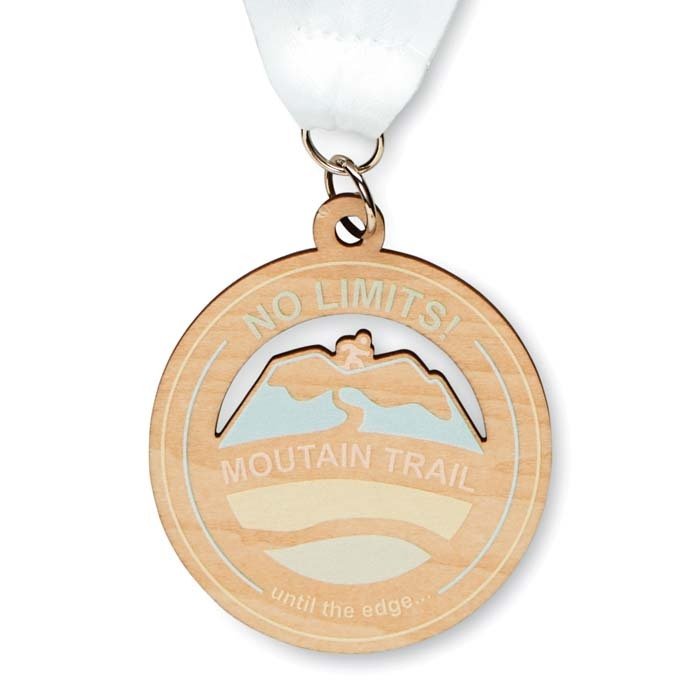 MM1035 - Custom shape wooden medals with V stitched polyester or rPET 80cm ribbons, printed full colour on both sides