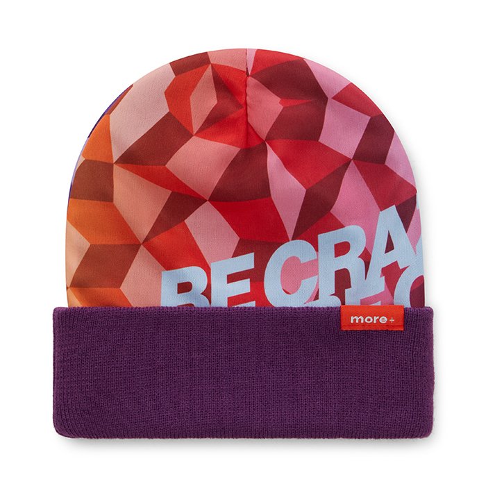 MW1029 - Full colour polyester beanie with acrylic inside and 1*1 cuff.