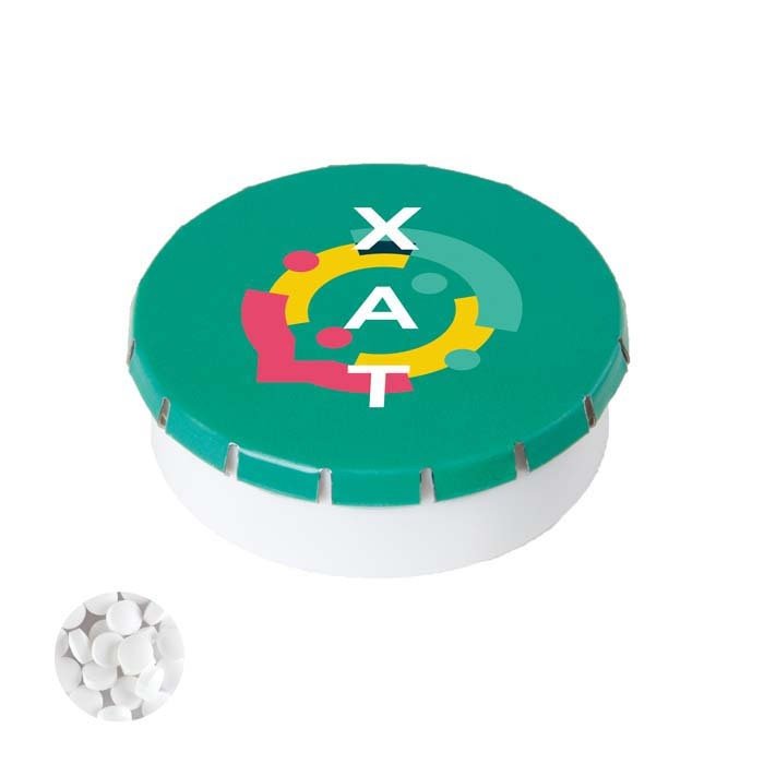 YC7232 - Plastic container with tin lid, filled with sugarfree mints. From 100pcs!