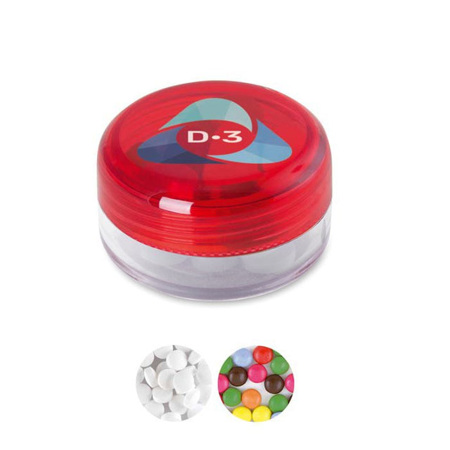 MI2001 - Round plastic container in multiple colours and Mints & Sweets options. From 100 pcs