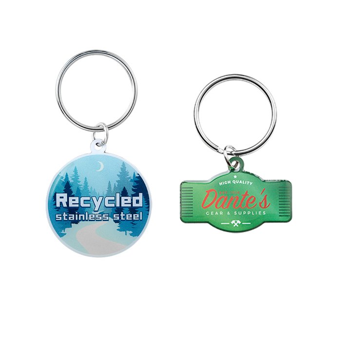 MK2804 - Custom shape recycled stainless steel keychain with a full colour doming