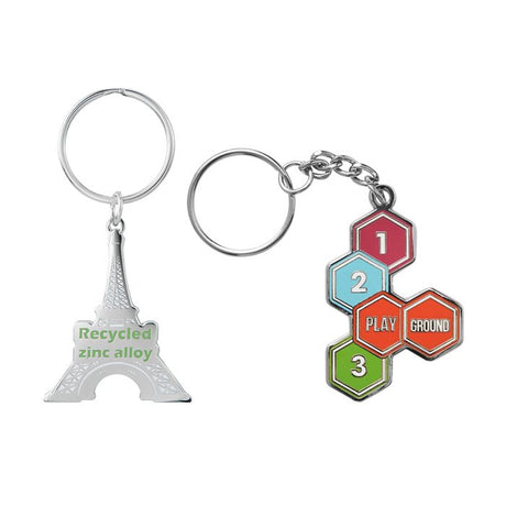 MK2806 - Custom shape plated recycled zinc alloy keychain with imitation hard enamel logo design