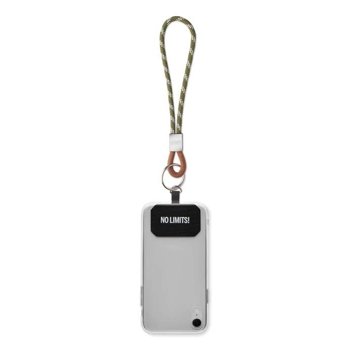 ML1071 - Single cord key tag & phone holder with leather end piece and metal logo engraved buckle. From 100 pcs