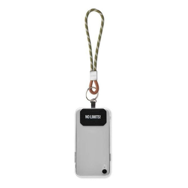 ML1071 - Single cord key tag & phone holder with leather end piece and metal logo engraved buckle. From 100 pcs