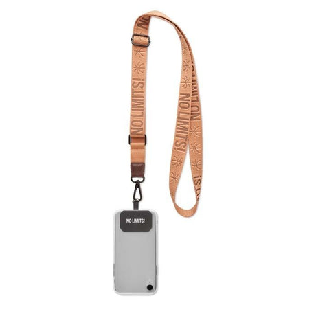 ML1077 - Woven adjustable crossbody phone holder with debossed PU leather patch. From 100 pcs