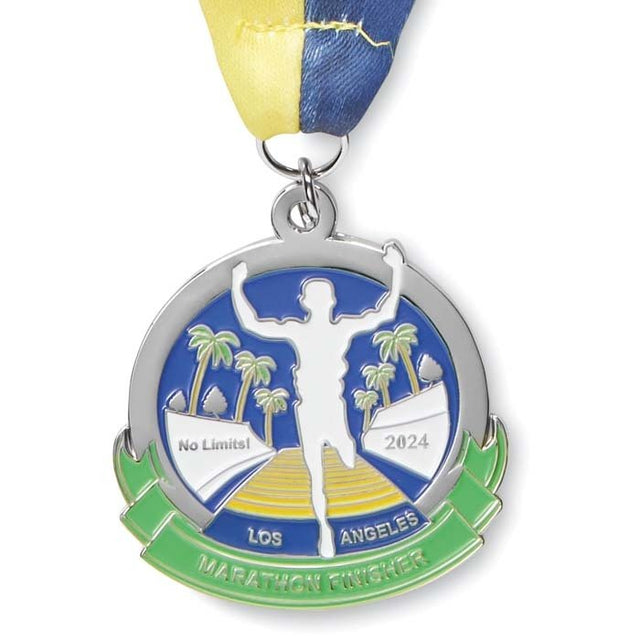 MM1009 - Custom shape iron medals with V stitched polyester or rPET 80cm ribbons, printed full colour on both sides
