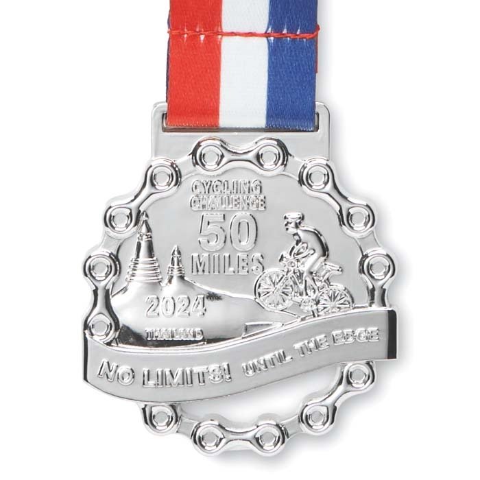 MM1012 - Custom shape zinc alloy medals with loop stitched polyester or rPET 80cm ribbons, printed full colour on both sides