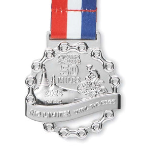 MM1012 - Custom shape zinc alloy medals with loop stitched polyester or rPET 80cm ribbons, printed full colour on both sides