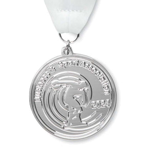 MM1015 - Custom shape iron medals with V stitched polyester or rPET 80cm ribbons, printed full colour on both sides