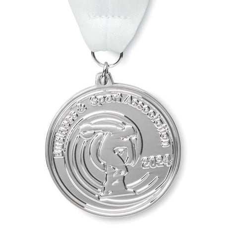 MM1015 - Custom shape iron medals with V stitched polyester or rPET 80cm ribbons, printed full colour on both sides