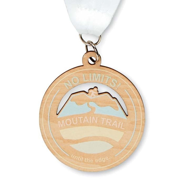 MM1035 - Custom shape wooden medals with V stitched polyester or rPET 80cm ribbons, printed full colour on both sides