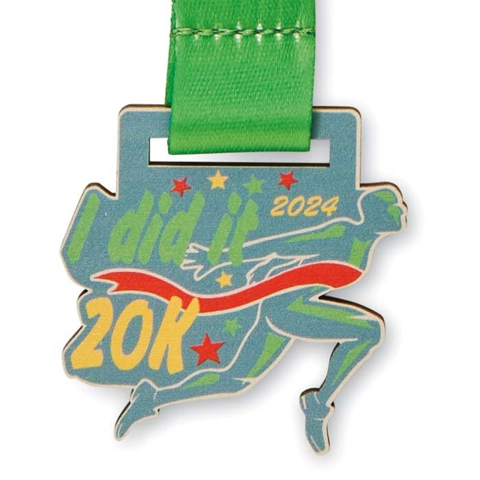 MM1036 - Custom shape wooden medals with loop stitched polyester or rPET 80cm ribbons, printed full colour on both sides