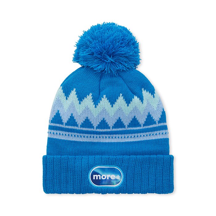 MW1116 - RPET custom pattern jacquard beanie in3*1 rib knit cuff and with pompon.