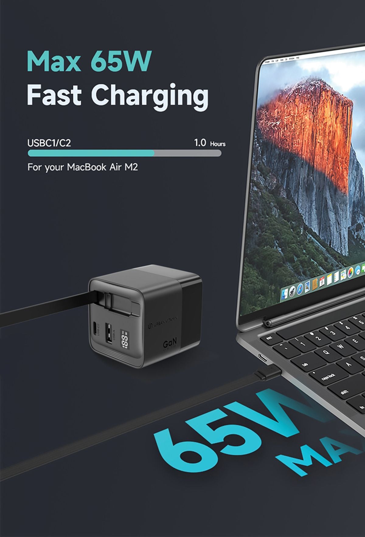 Urban Vitamin Mendocino 65W Gan Charger Retractable Cable