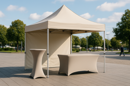 Example outdoor event setup with branded tent and signage, concept build