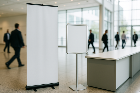 Example conference registration area with roll-up banner and poster stand, concept build